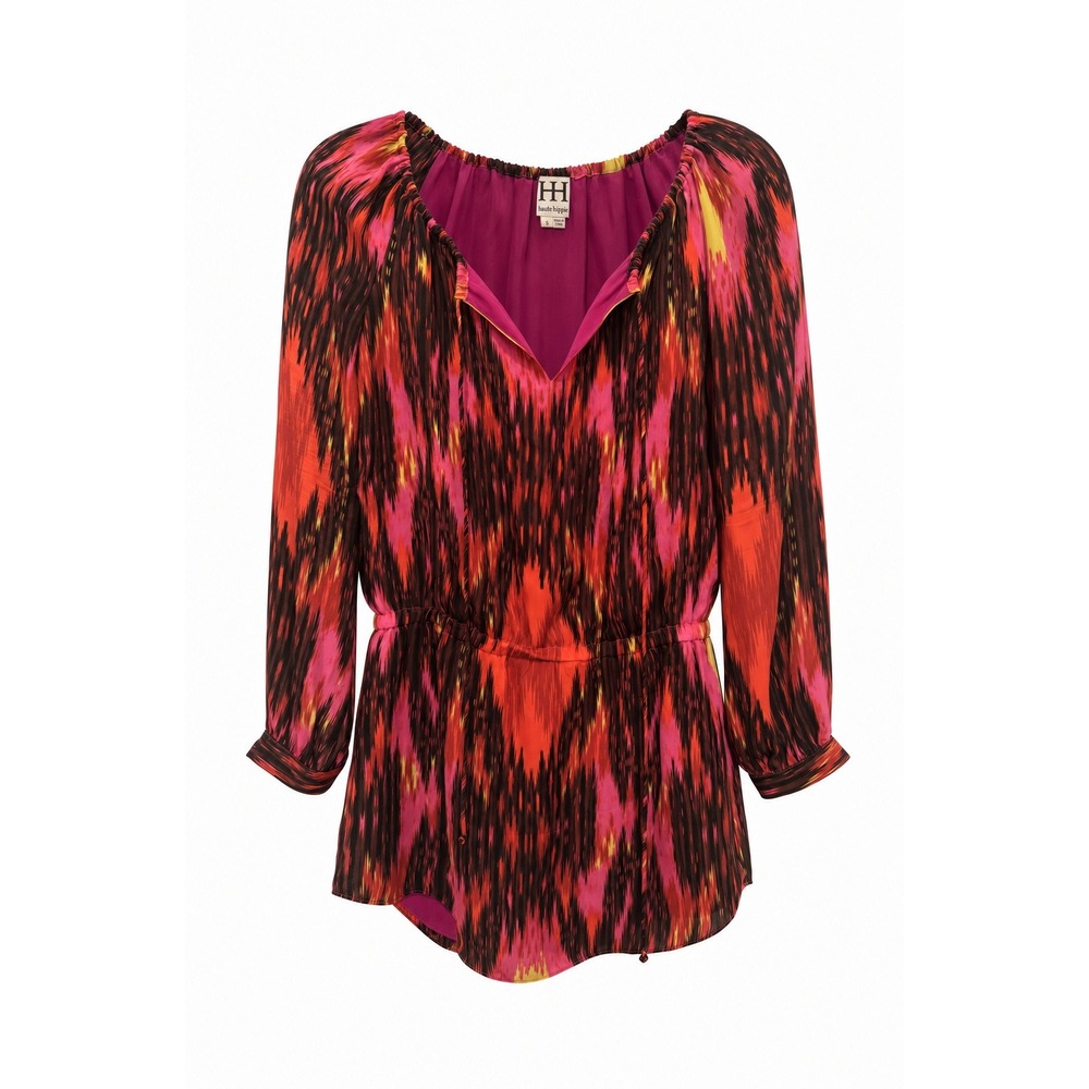 Haute Hippie Silk Mini Dress Womens Small Pink Red Ikat Print Long Sleeve Boho